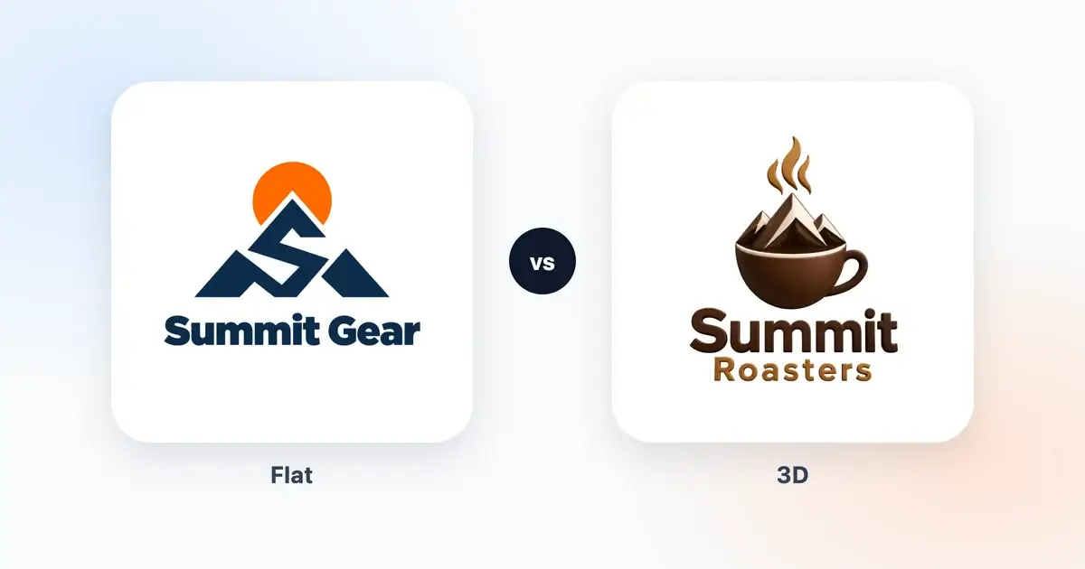 A flat navy mountain logo for Summit Gear beside a 3D coffee cup full of snowy mountains for Summit Roasters, both made with DepthLogo