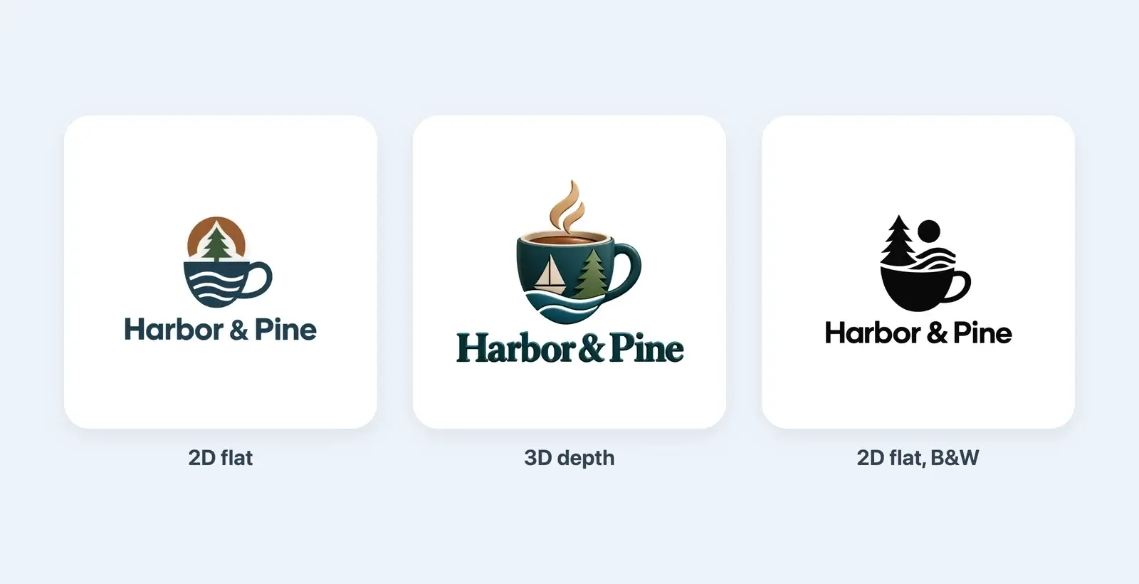 Three Harbor & Pine coffee shop logos from one brief: a flat navy cup of waves under a pine tree in a brown sun, a glossy 3D teal cup with a sailboat and a pine tree, and a black and white cup with a pine tree, a moon and waves