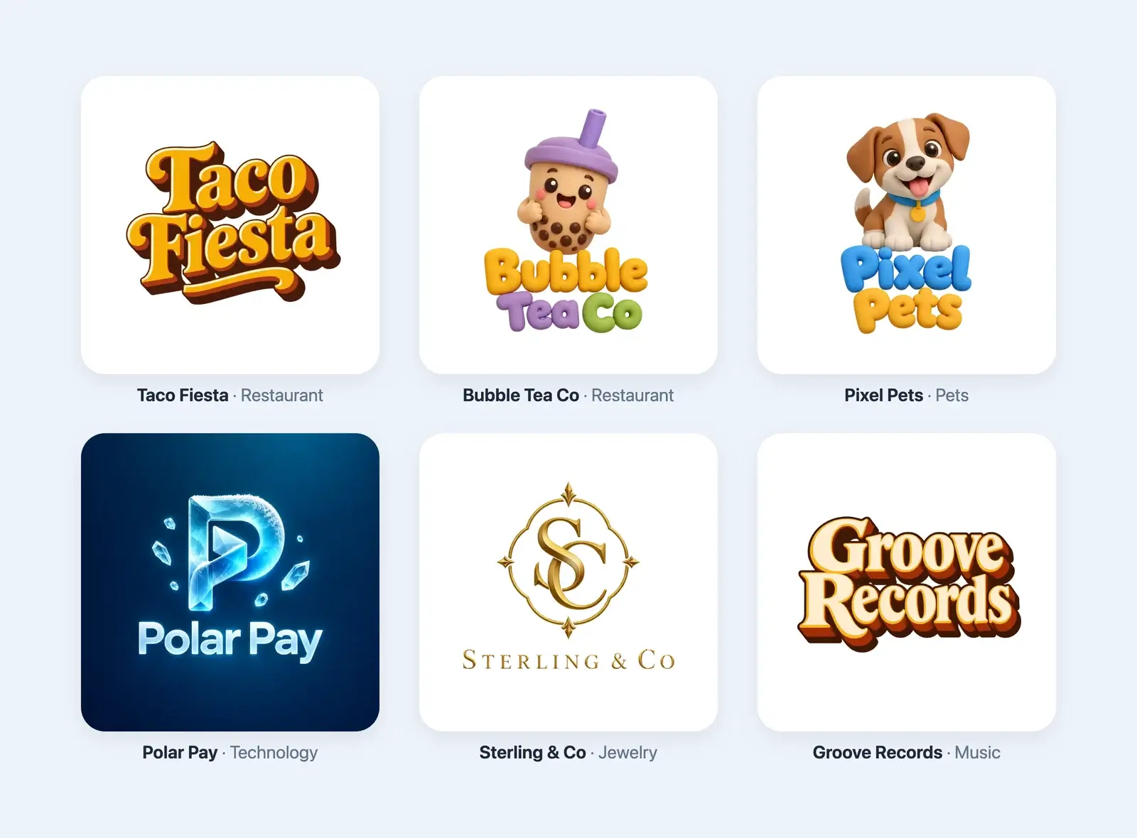 Six 3D logos made with DepthLogo: retro 3D letters for Taco Fiesta, a clay bubble tea cup for Bubble Tea Co, a clay puppy for Pixel Pets, an ice letter P for Polar Pay, a gold monogram for Sterling & Co and retro 3D letters for Groove Records