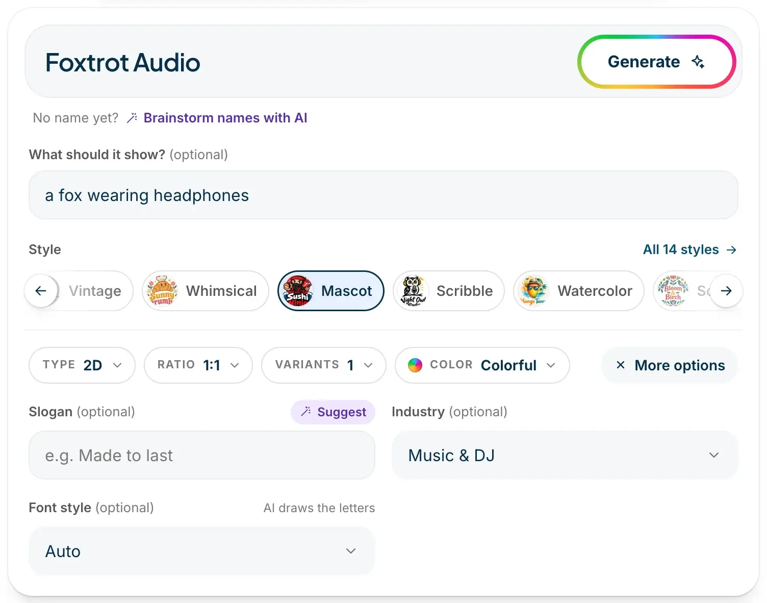 The DepthLogo AI logo maker with Foxtrot Audio as the brand name, a fox wearing headphones typed under What should it show, the Mascot style selected and Music and DJ chosen as the industry