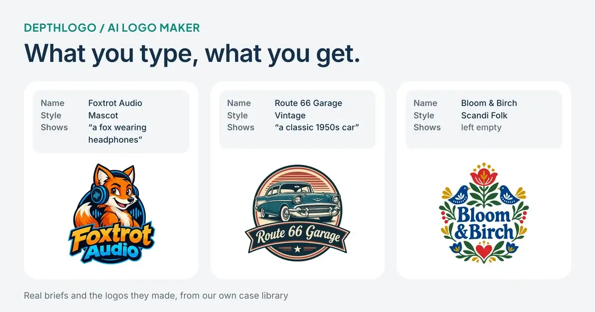 Three briefs and the logos they made in the DepthLogo AI logo maker, a mascot fox in headphones for Foxtrot Audio, a vintage badge with a 1950s car for Route 66 Garage and a folk-art wreath for Bloom & Birch