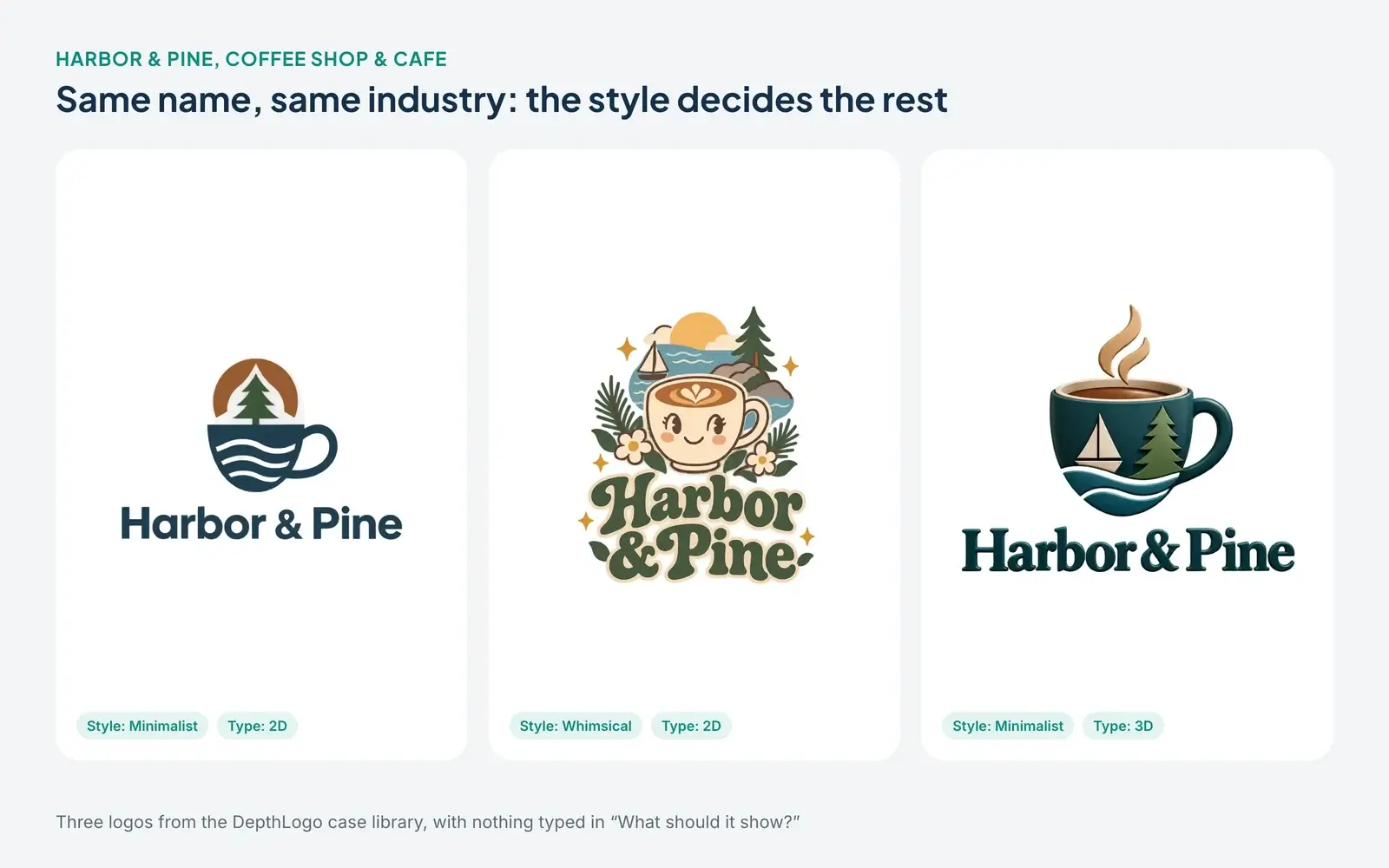 Three Harbor and Pine coffee shop logos from the same name and industry, a flat pine tree over a cup of waves, a whimsical smiling latte cup with flowers and a sailboat, and a glossy 3D teal cup with a sailboat and a pine tree