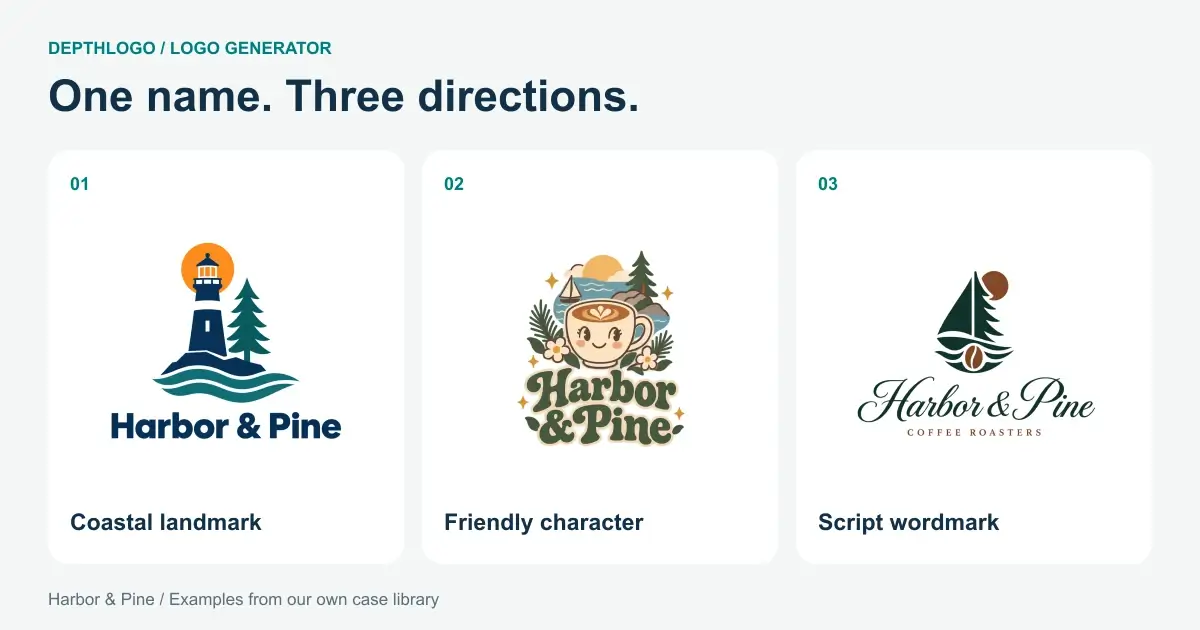 Three Harbor & Pine logos from the DepthLogo case library, with a lighthouse, a smiling coffee cup and a script wordmark, arranged as a shortlist