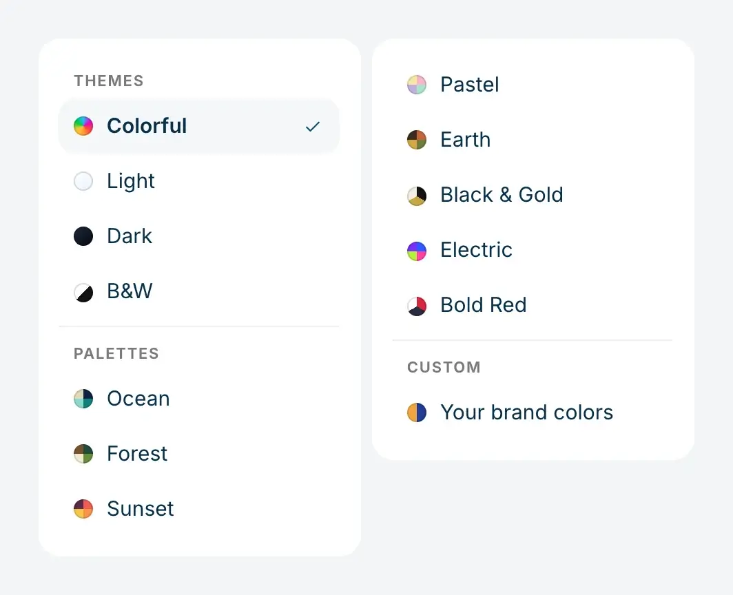 The Color menu of the DepthLogo AI logo generator, with the themes Colorful, Light, Dark and B&W, the palettes Ocean, Forest, Sunset, Pastel, Earth, Black and Gold, Electric and Bold Red, and a custom option for your brand colors