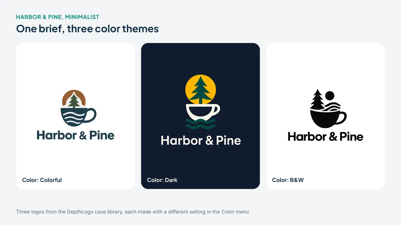 Three Harbor and Pine coffee shop logos from the same brief with different color themes, a colorful navy cup with a pine tree in a brown sun, a white cup under a yellow sun on a dark navy card, and an all-black cup with a pine tree and waves