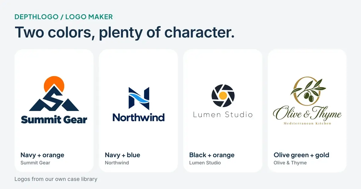 Four two-color logos from the DepthLogo case library, navy and orange for Summit Gear, navy and blue for Northwind, black and orange for Lumen Studio and olive green and gold for Olive & Thyme