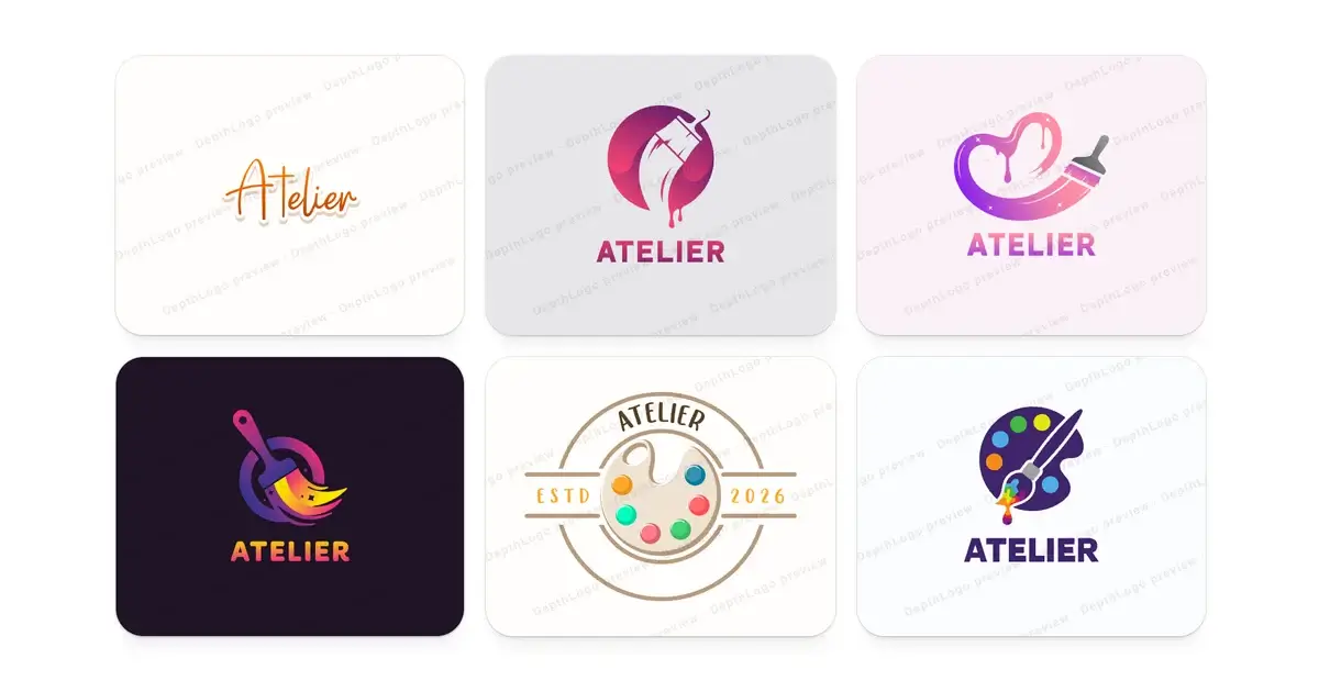 Six logo templates in the DepthLogo free logo maker, each one already set with the brand name Atelier