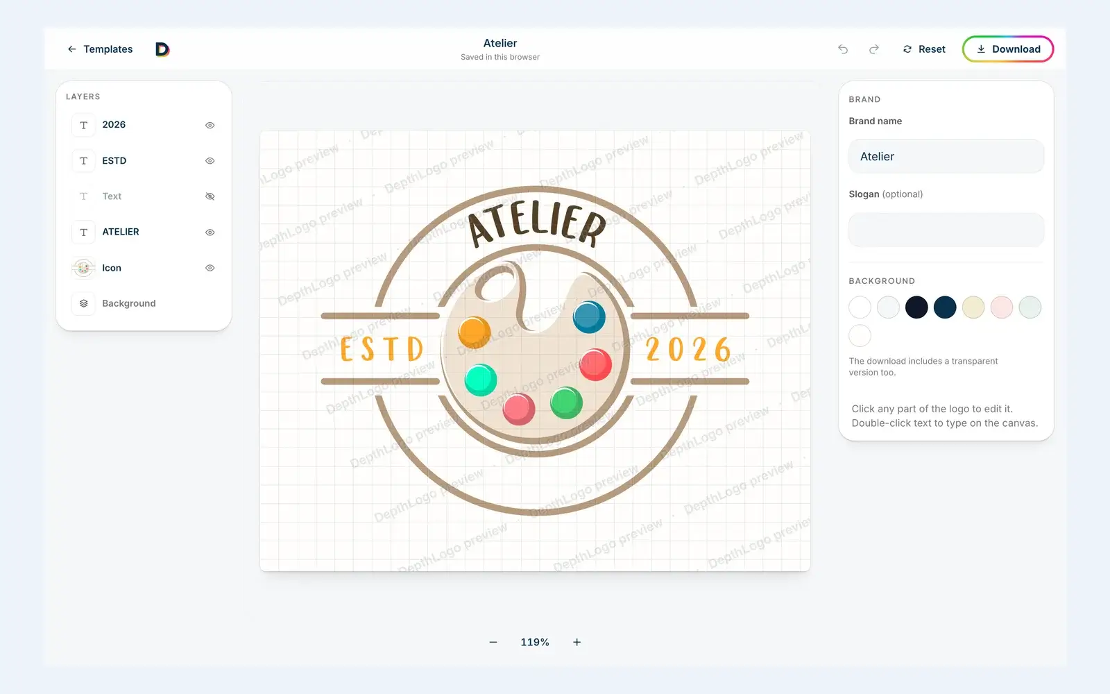The DepthLogo template editor with a round Atelier badge logo, its layers listed on the left, the brand name and background colors on the right and the DepthLogo preview watermark across the canvas