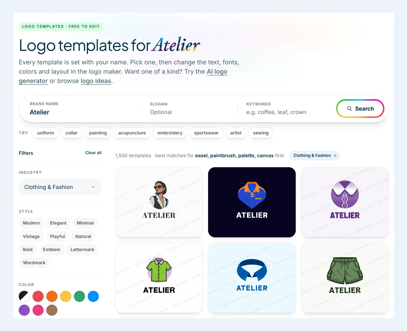 The DepthLogo logo template search for the name Atelier with the Clothing and Fashion industry filter on, every template showing the word Atelier