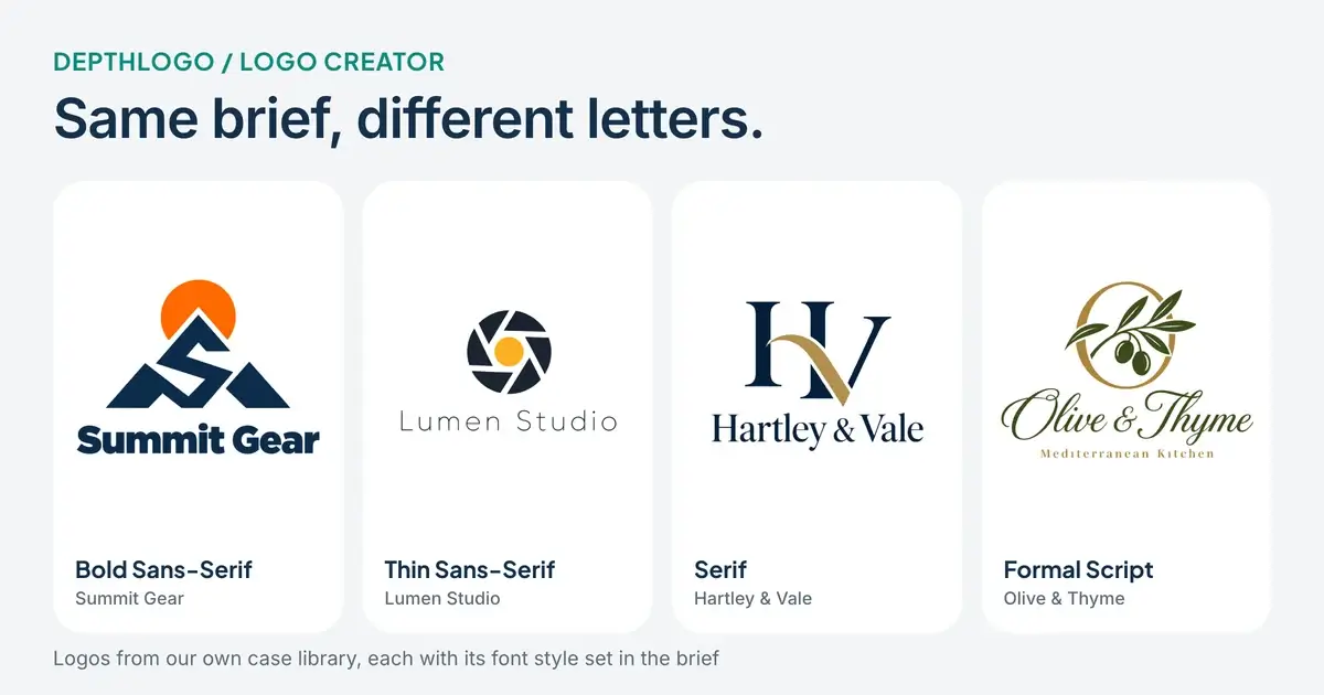 Four logos from the DepthLogo case library with different lettering, a bold sans-serif for Summit Gear, a thin sans-serif for Lumen Studio, a serif for Hartley & Vale and a formal script for Olive & Thyme