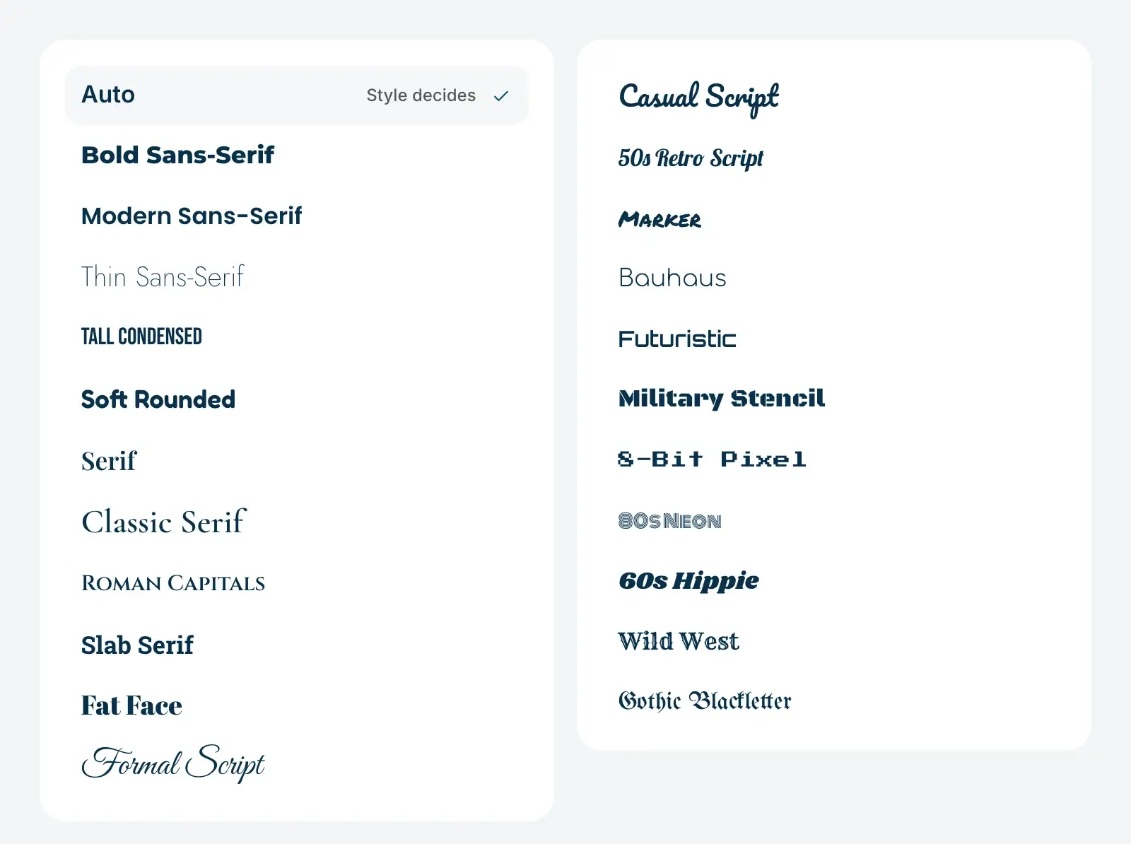 The Font style menu in the DepthLogo AI logo generator, with Auto and 22 lettering styles from Bold Sans-Serif and Classic Serif to Formal Script, Bauhaus, 8-Bit Pixel and Gothic Blackletter, each written in its own style