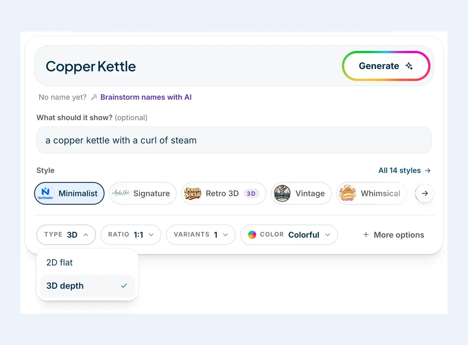 The DepthLogo AI generator with Copper Kettle as the brand name, a copper kettle with a curl of steam as the description, the Minimalist style chosen and the Type menu open on 3D depth