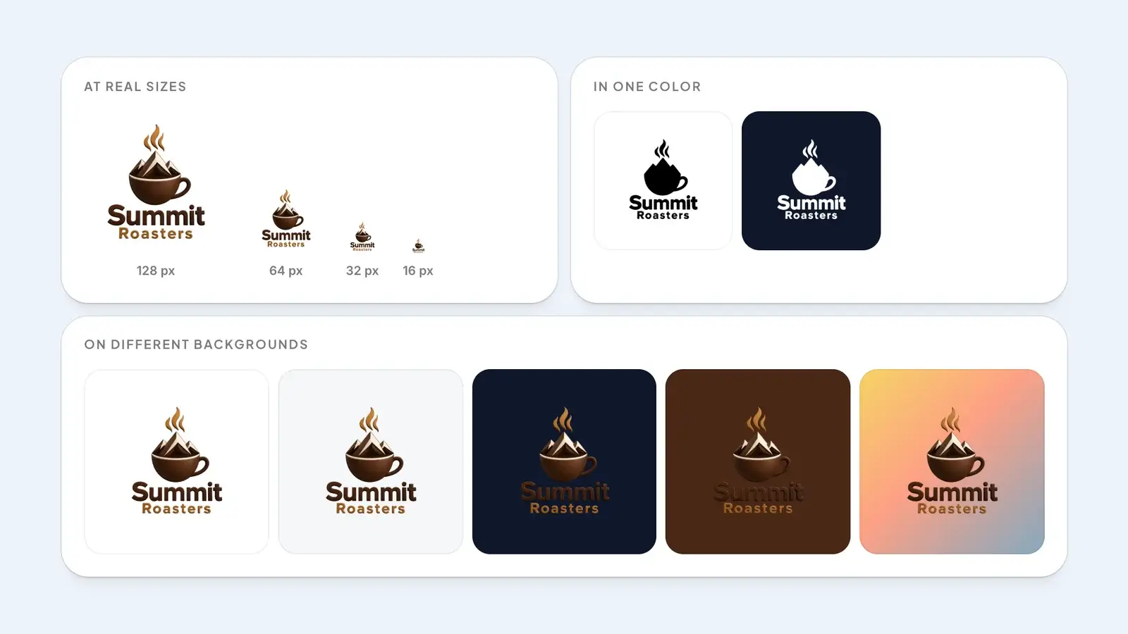 Logo checker panels for the Summit Roasters 3D logo: the logo at 128, 64, 32 and 16 pixels, in one color, and on white, light gray, navy, brown and gradient backgrounds