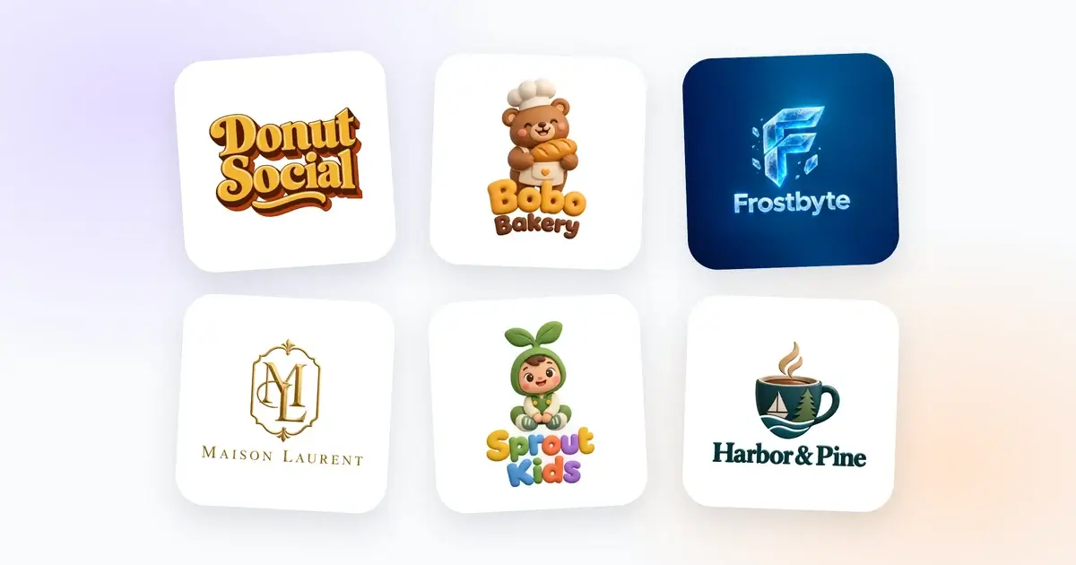 Six 3D logos made with the DepthLogo AI generator, from Donut Social's retro 3D letters and a clay bakery bear to an ice letter F and a gold monogram
