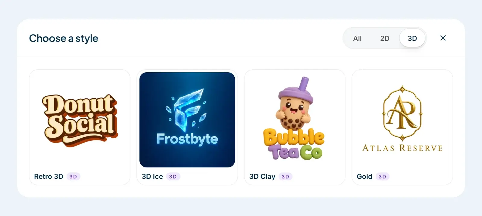The style picker in the DepthLogo AI generator filtered to 3D, showing Retro 3D, 3D Ice, 3D Clay and Gold, each with an example logo