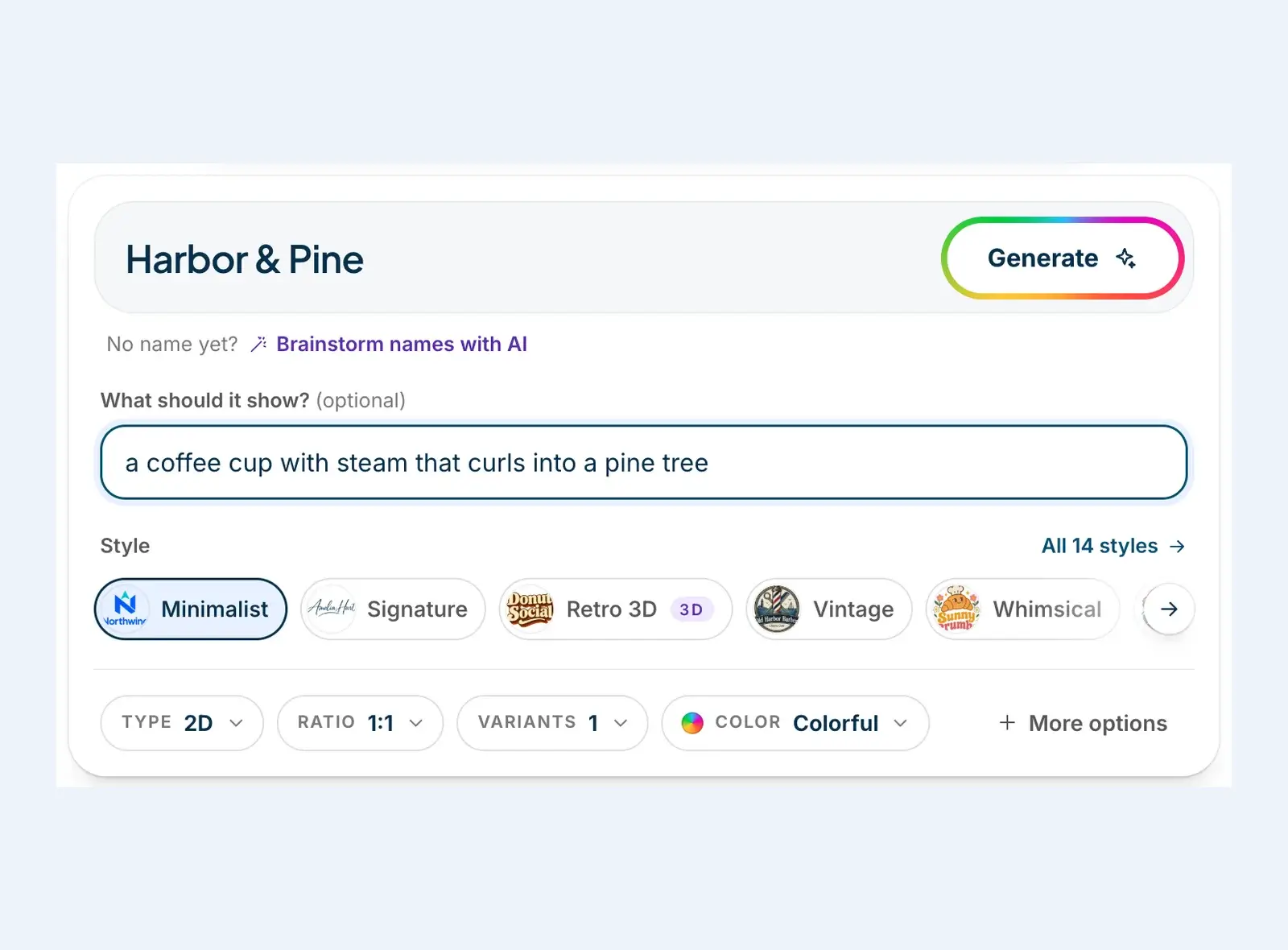 The DepthLogo AI logo generator with Harbor & Pine as the brand name and a coffee cup with steam as the description