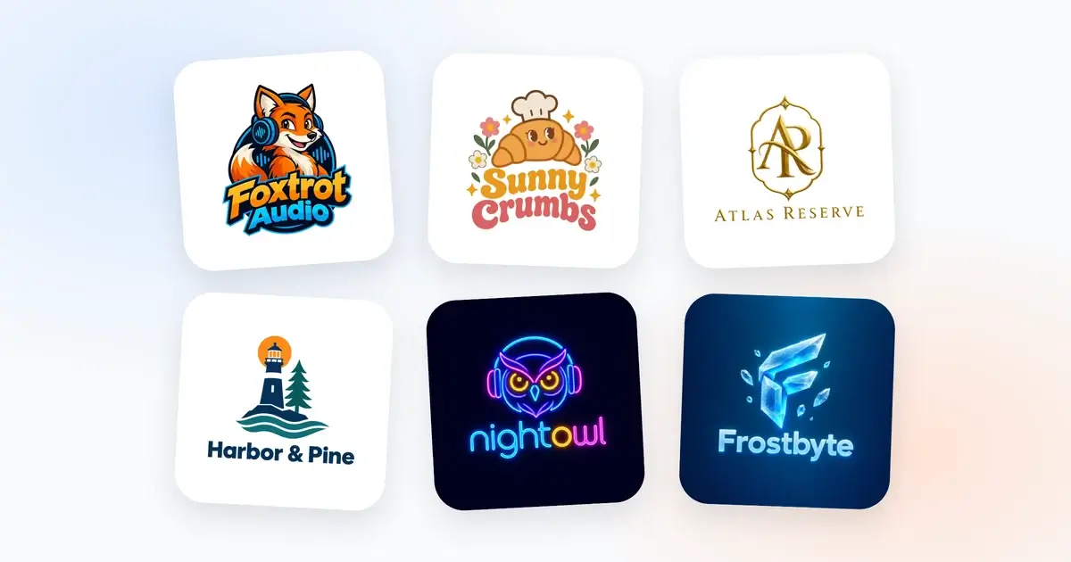 Logos made with the DepthLogo AI logo generator, from a fox mascot in headphones to a gold monogram