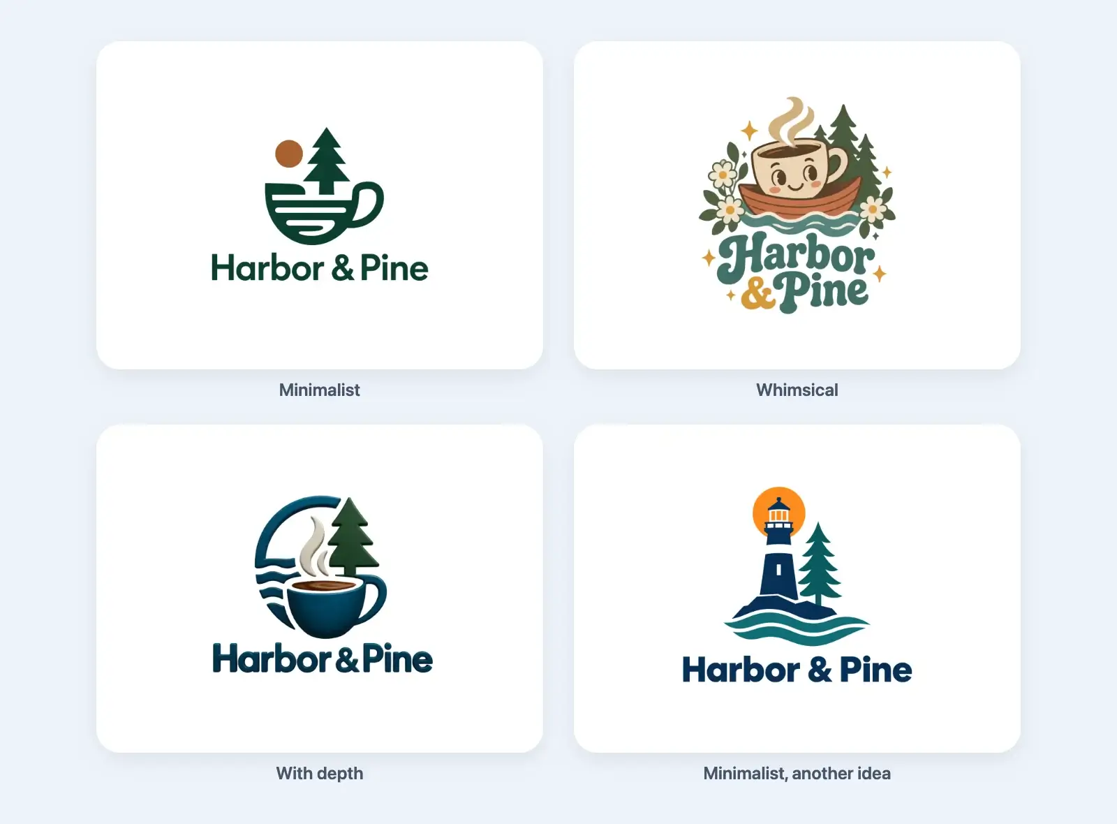 Four logos for Harbor & Pine, a coffee shop: a green cup with a pine tree and a rising sun, a smiling cup in a little boat, a navy 3D cup with steam and a lighthouse in front of an orange sun