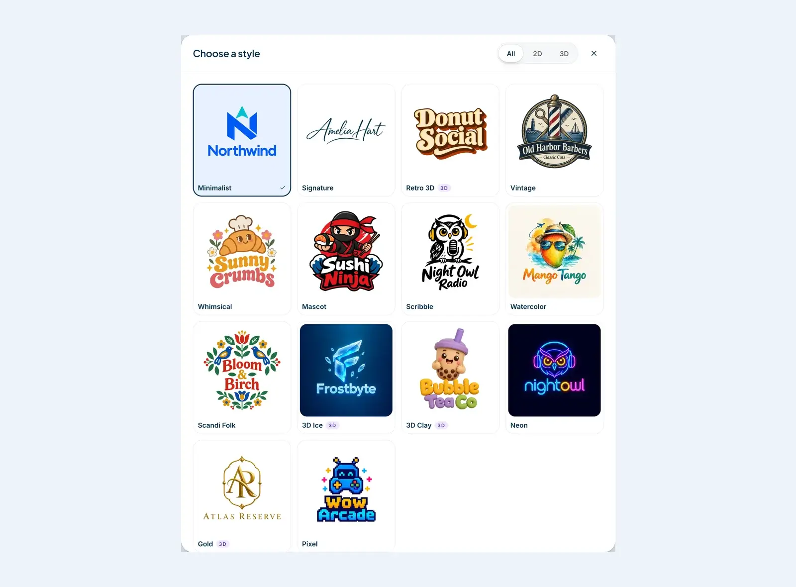 The style picker in the DepthLogo AI logo generator, with an example logo for each of the 14 styles