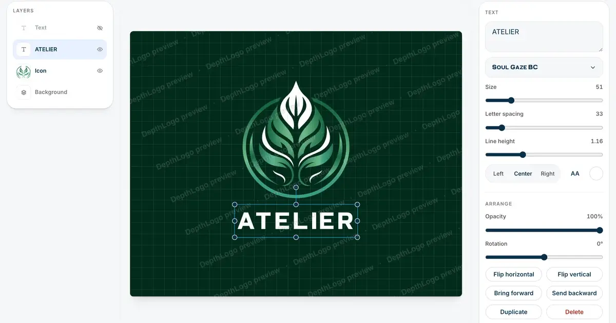 The DepthLogo logo maker editor with a leaf emblem template, its layers on the left and its text settings on the right