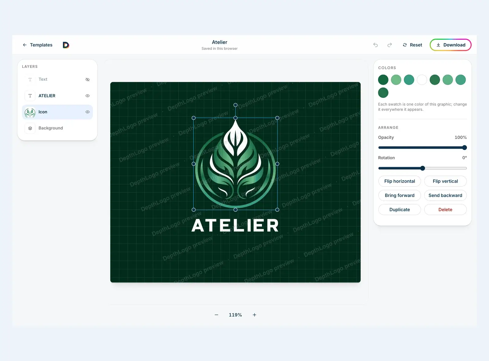The logo maker's editor with the leaf symbol selected, showing one color swatch for each color in the graphic