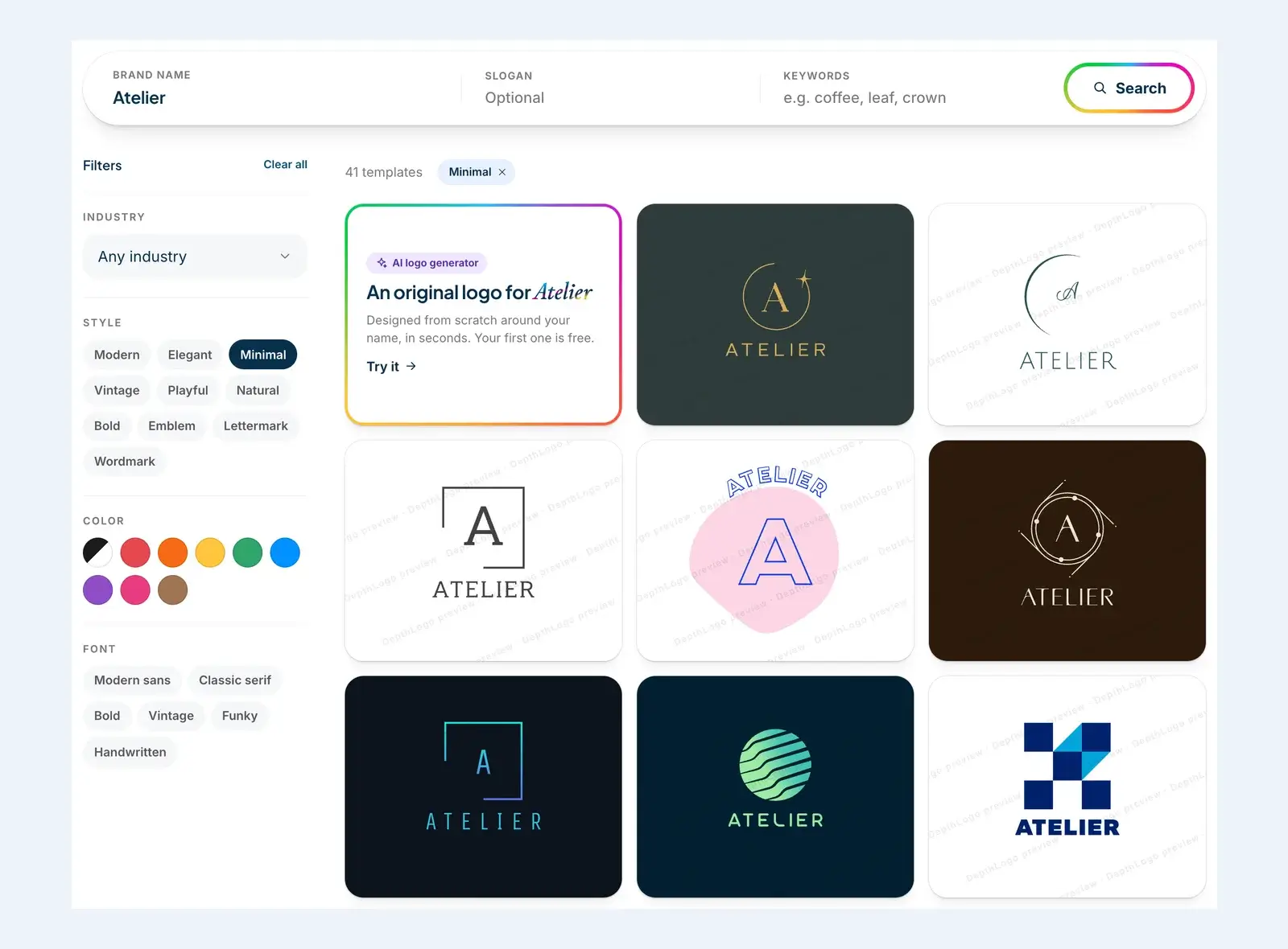 The logo maker's template search with Atelier as the brand name and minimal as the style, every template shown with that name