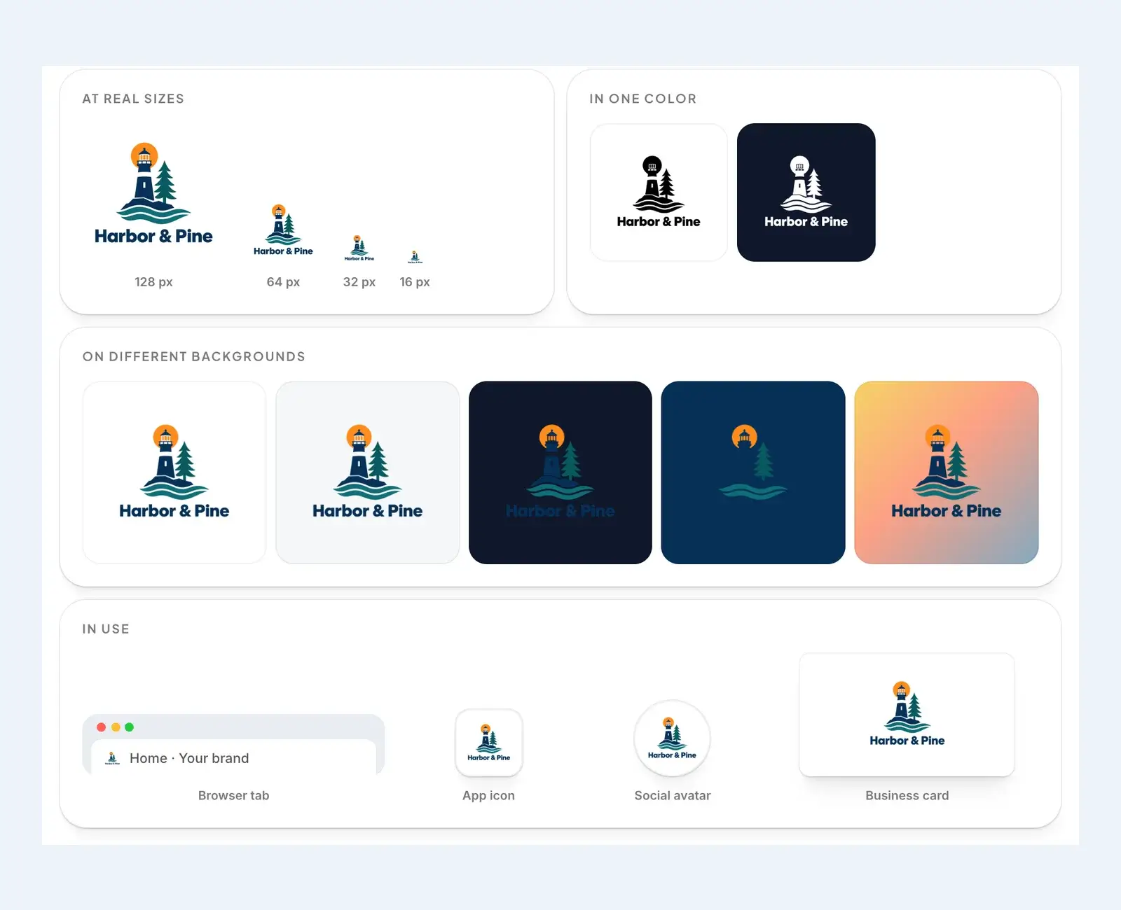 The logo checker's previews of the Harbor & Pine sample logo at 128, 64, 32 and 16 pixels, in one color, on five backgrounds and in use as a browser tab, app icon, social avatar and business card