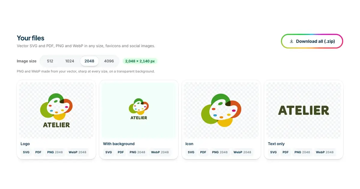 The DepthLogo files page for an Atelier logo, with the logo, the logo on its background, the icon and the name each offered as SVG, PDF, PNG and WebP
