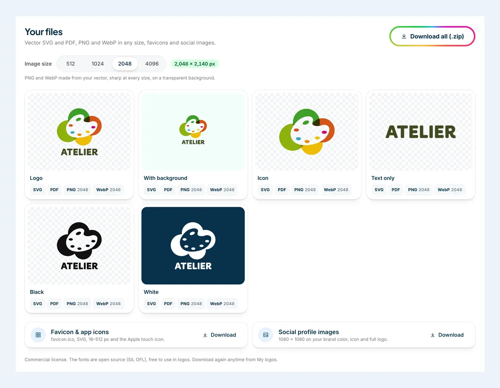 The Your files section of the DepthLogo account page for an Atelier logo, with six versions (logo, with background, icon, text only, black and white) each as SVG, PDF, PNG and WebP, an image size picker and favicon and social image downloads