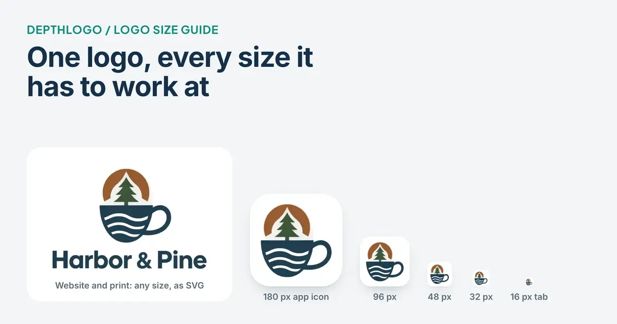 One logo shown at the sizes it meets, from a 16 px browser tab icon to a 512 px app icon