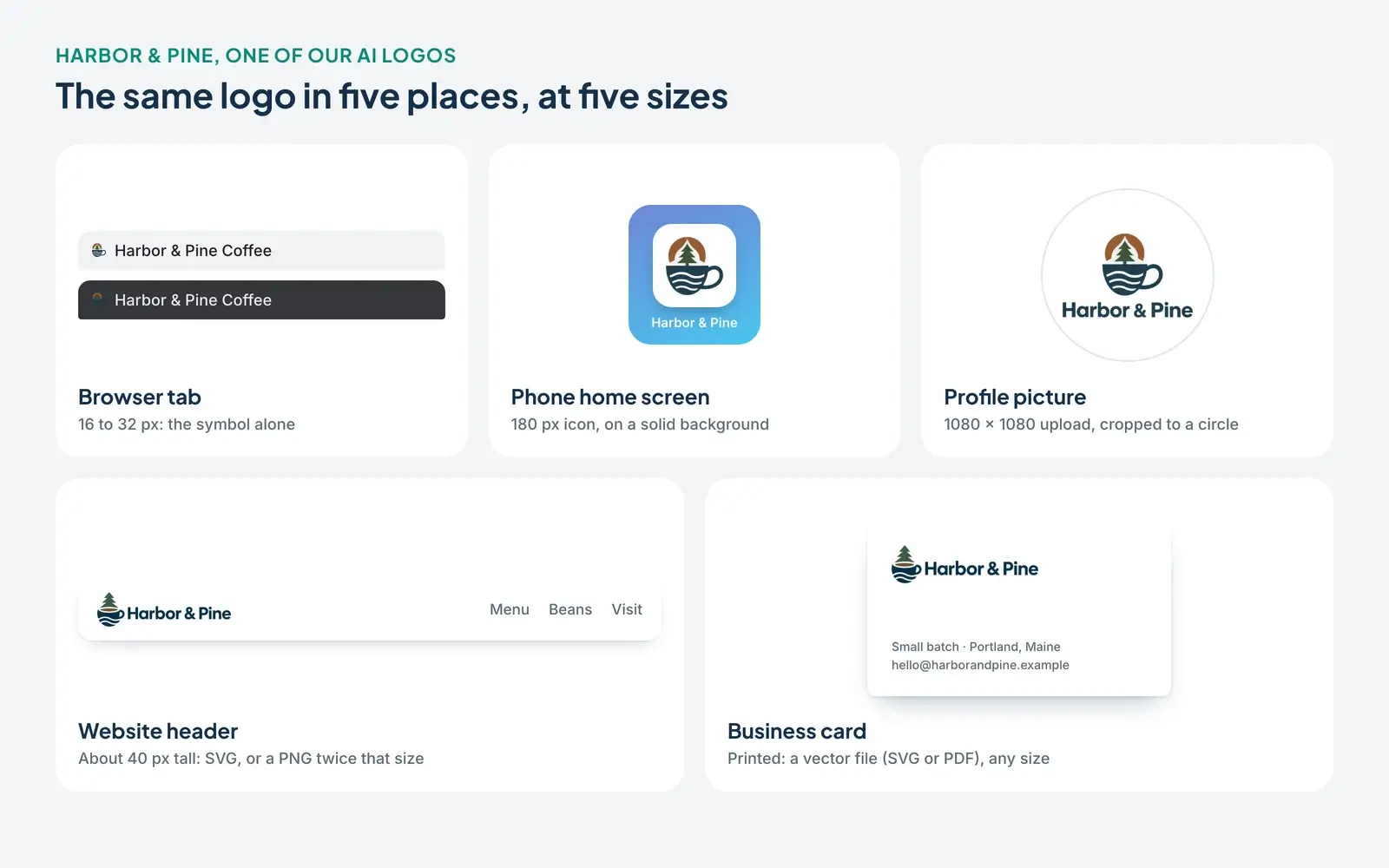 One of our AI logos at the sizes it meets: a browser tab, a phone home screen, a social profile circle, a website header and a business card