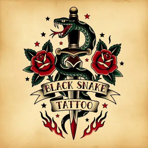 Vintage badge logo for Black Snake Tattoo studio