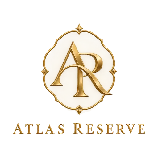 Luxury monogram AI logo for Atlas Reserve, a jewelry brand: an embossed gold AR in an ornate frame above widely spaced serif lettering