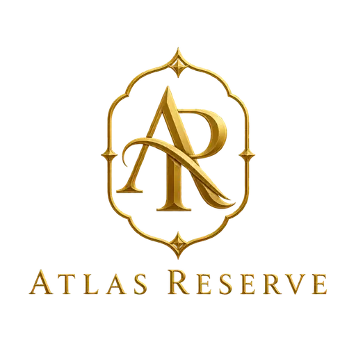 Luxury gold monogram AI logo for Atlas Reserve, a jewelry brand: interlocked A and R inside an ornamental gold frame