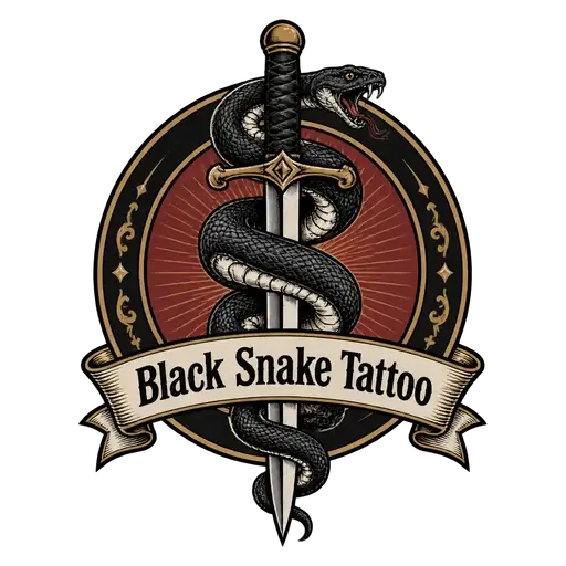 Vintage badge AI logo for Black Snake Tattoo: a black snake coiled around a dagger with a ribbon banner