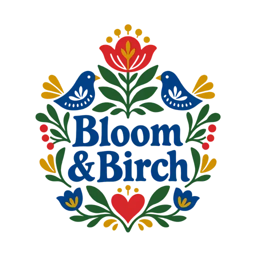 Scandinavian folk-art AI logo for Bloom & Birch, a spa: symmetrical red tulips, blue birds and leaves around navy lettering and a heart