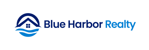 Horizontal AI logo for Blue Harbor Realty, a real estate business: a navy roof over blue waves beside the wordmark