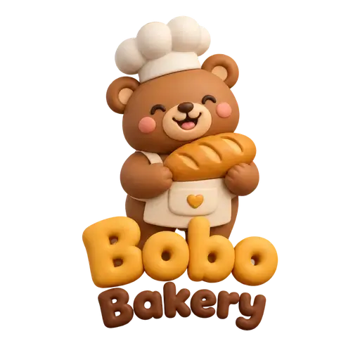 3D clay AI logo for Bobo Bakery: a smiling clay bear in a chef’s hat holding bread above puffy letters