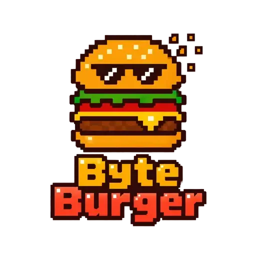 Pixel-art AI logo for Byte Burger, a restaurant: an 8-bit burger wearing sunglasses above blocky red letters