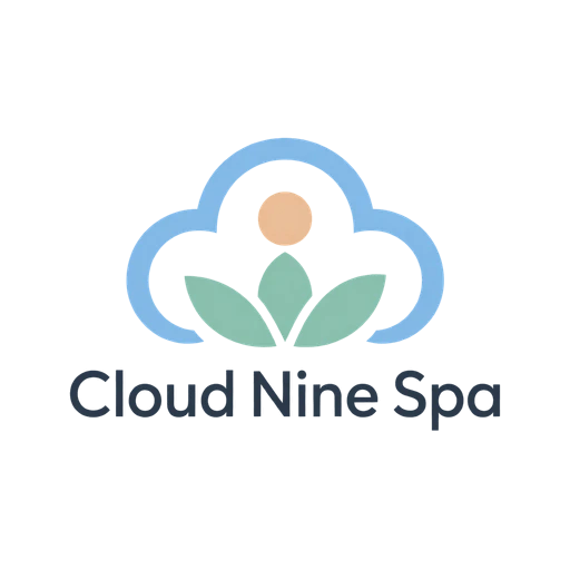 Soft pastel AI logo for Cloud Nine Spa: a light blue cloud with a mint lotus and a peach sun above gray lettering