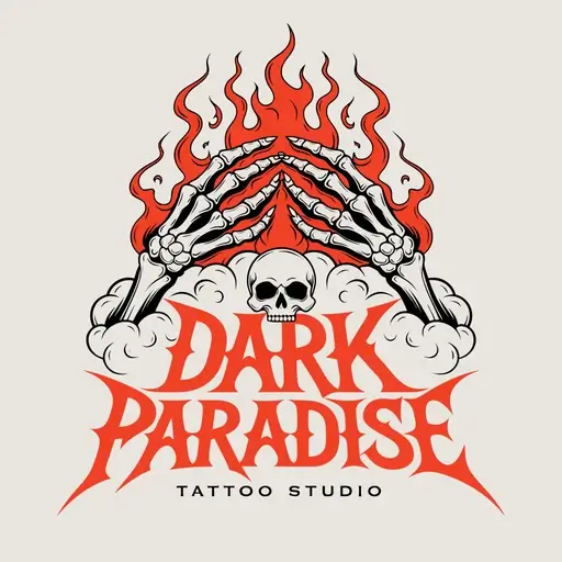 Vintage tattoo-flash AI logo for Dark Paradise Tattoo Studio: skeleton hands in red flames over a skull and clouds, above spiky red lettering