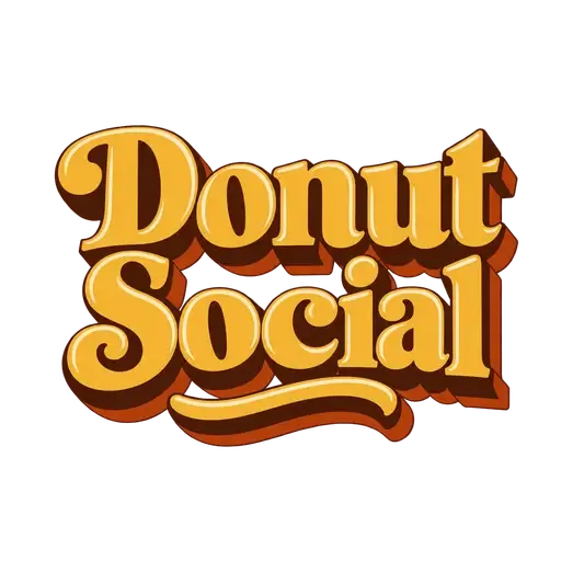 Retro 3D AI logo for Donut Social, a bakery: chunky cream serif letters extruded in chocolate brown with a swash underline
