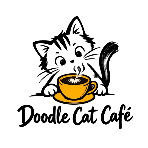 Hand-drawn ink AI logo for Doodle Cat Café: a curious cat peeking over a yellow coffee cup