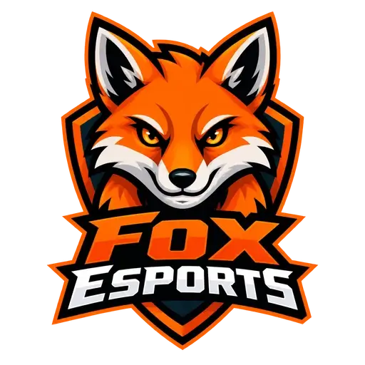 Esports mascot AI logo for Fox Esports: a fierce orange fox head on a black shield with bold lettering