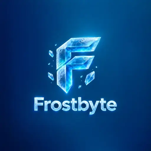 Ice AI logo for Frostbyte, a technology company: a glowing ice-block F with frost shards above icy lettering on deep blue