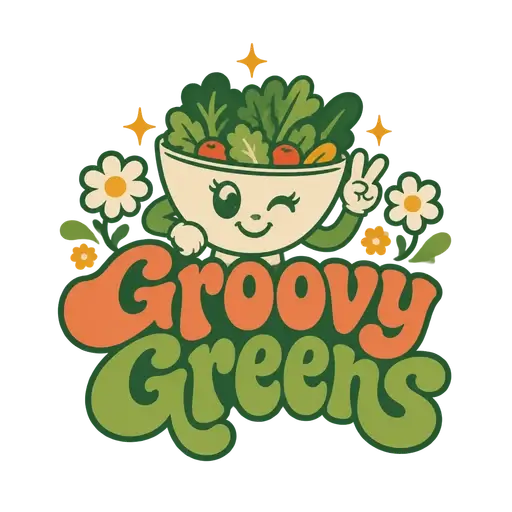 Retro 1970s AI logo for Groovy Greens, a restaurant: a winking salad bowl with daisies above swirly orange and green letters
