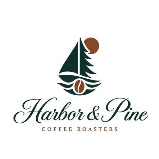 Minimalist AI logo for Harbor & Pine Coffee Roasters: a pine-tree sailboat with a coffee bean above a green script wordmark