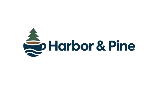 Horizontal minimalist AI logo for Harbor & Pine, a coffee shop: a small pine tree over a wave cup beside navy lettering
