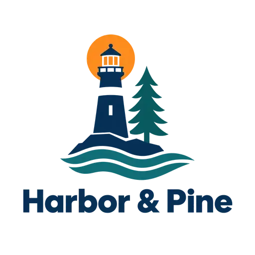 AI logo for Harbor & Pine: a navy lighthouse before an orange sun beside a teal pine tree above waves, with a bold wordmark