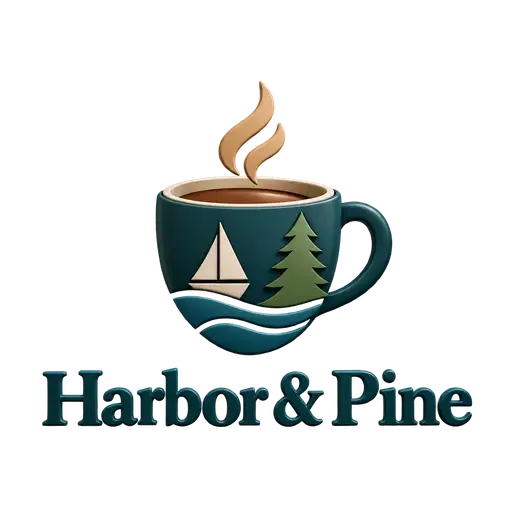3D minimalist AI logo for Harbor & Pine, a coffee shop: a glossy teal cup with a sailboat and pine tree and rising steam, above green lettering